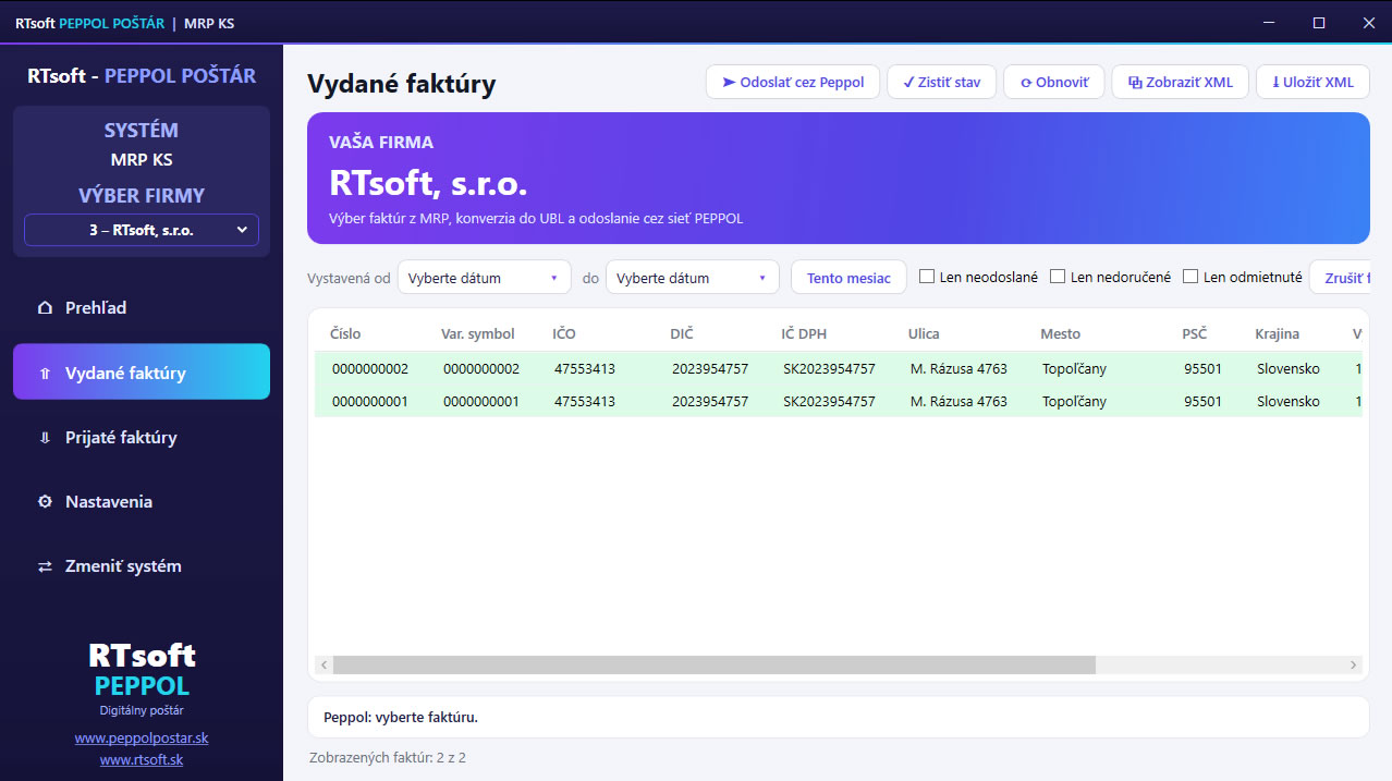 RTsoft PEPPOL POŠTÁR MRP K/S + MRP Vizuálny systém